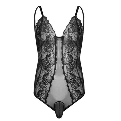 Daenrui Mens Lace Sissy Lingerie One-piece See Through Bodysuit Jumpsuit High Cut Thongs Leotard Pajamas Type F Medium