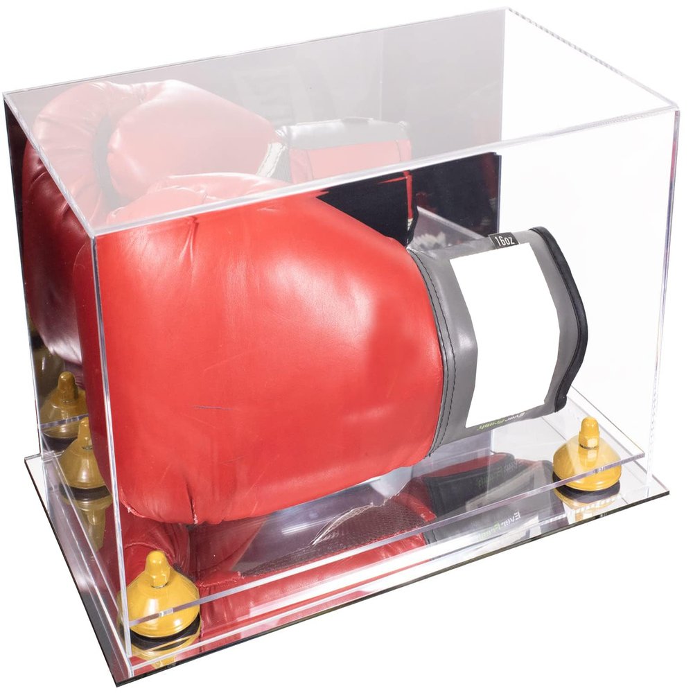 Better Display Cases Acrylic Boxing Glove Display Case with Mirror Case, Yellow Risers and Mirror Base (A011/V16)