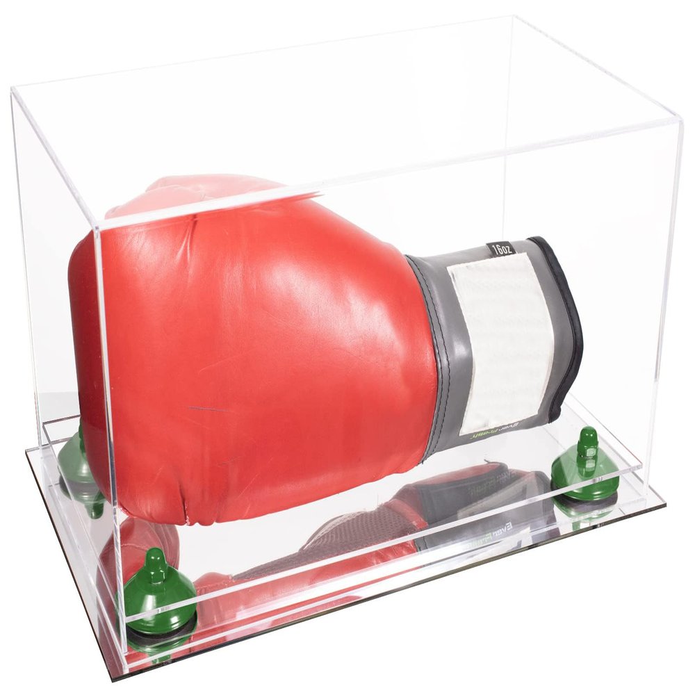 Better Display Cases Clear Acrylic Boxing Glove Display Case with Green Risers and Mirror Base (A011/V16)