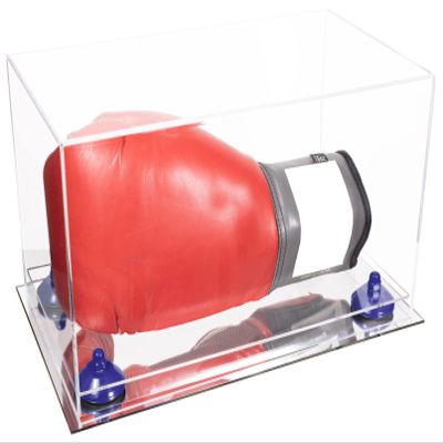 Better Display Cases Clear Acrylic Boxing Glove Display Case with Navy Blue Risers and Mirror Base (A011/V16)