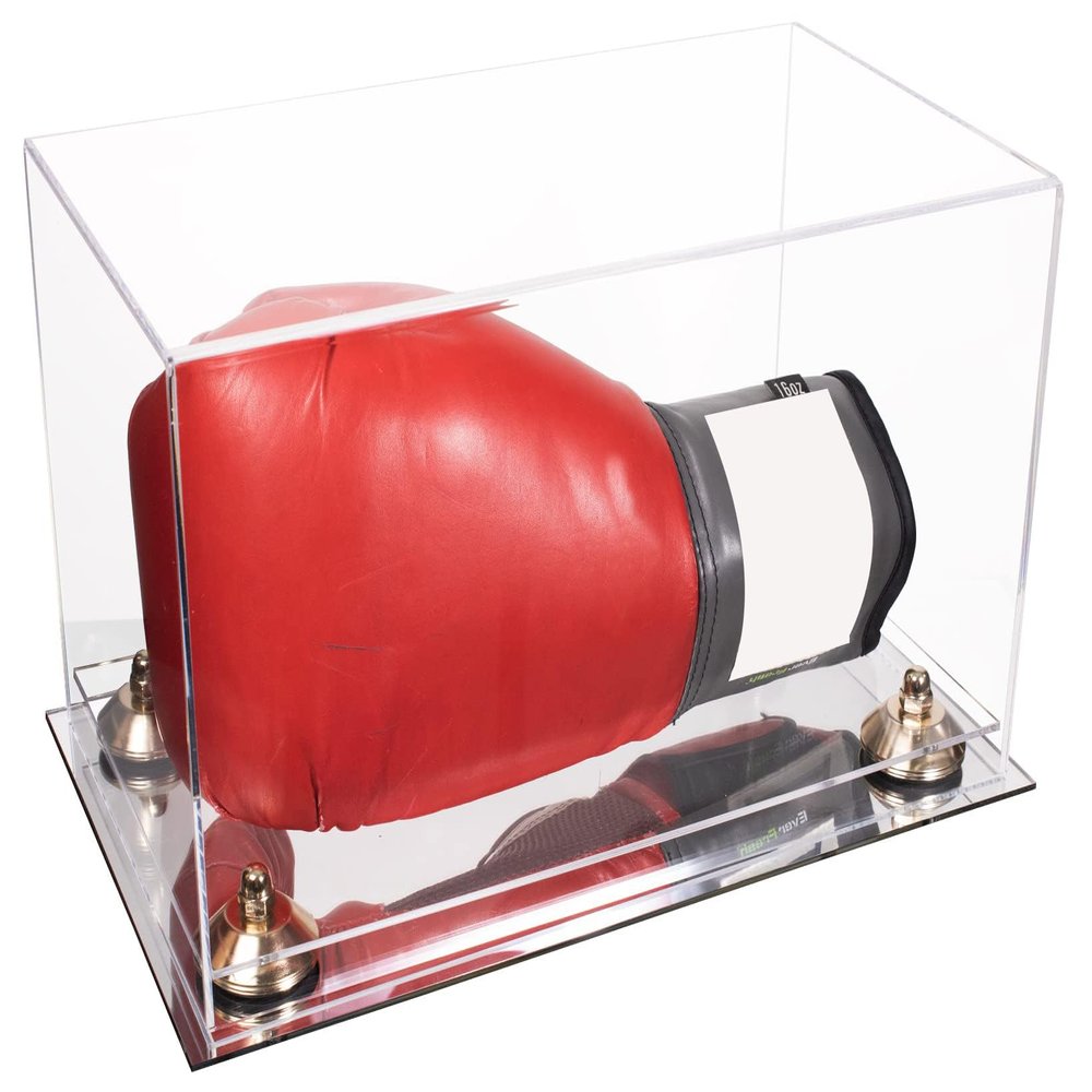 Better Display Cases Clear Acrylic Boxing Glove Display Case with Green Risers and Mirror Base (A011/V16)