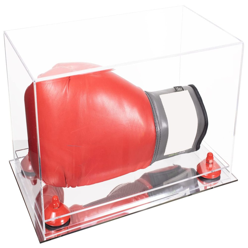 Better Display Cases Clear Acrylic Boxing Glove Display Case with Red Risers and Mirror Base (A011/V16)