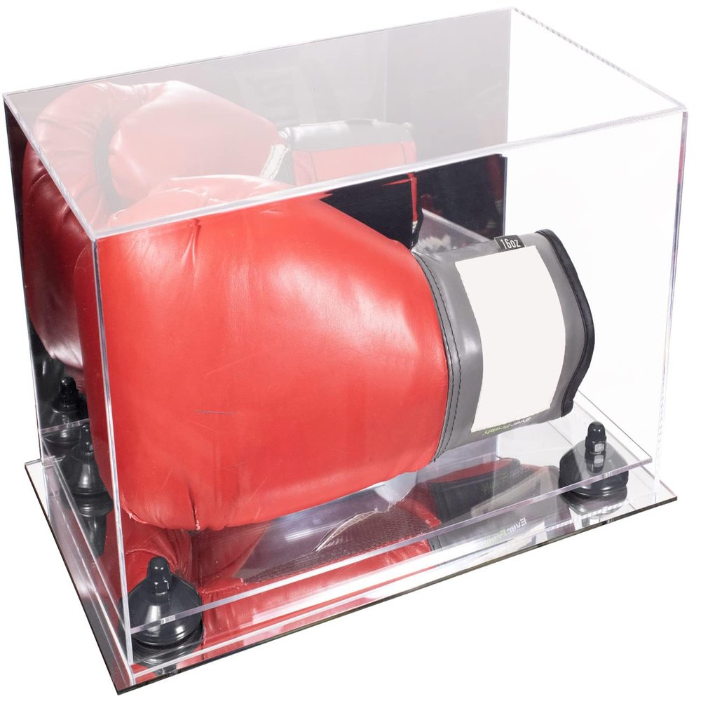Better Display Cases Acrylic Boxing Glove Display Case with Mirror Case, Black Risers and Mirror Base (A011/V16)