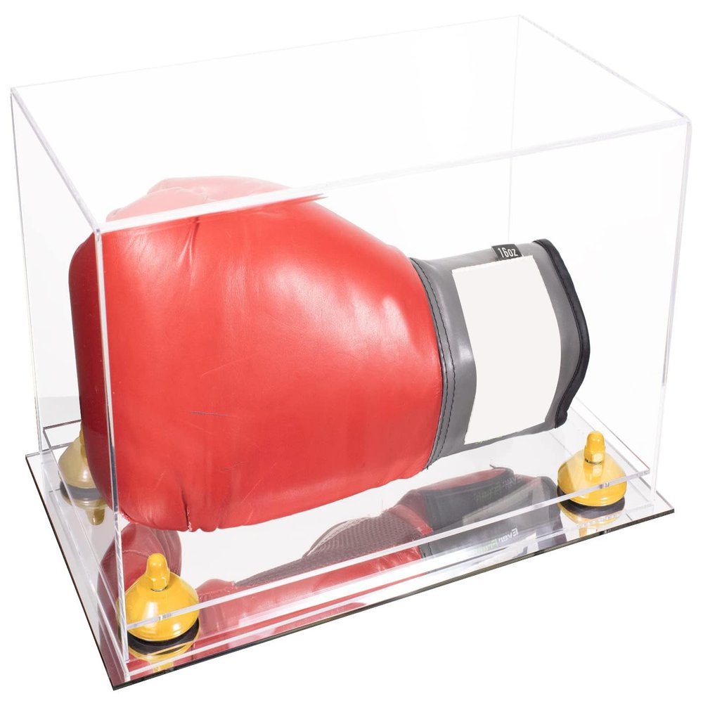 Better Display Cases Clear Acrylic Boxing Glove Display Case with Yellow Risers and Mirror Base (A011/V16)