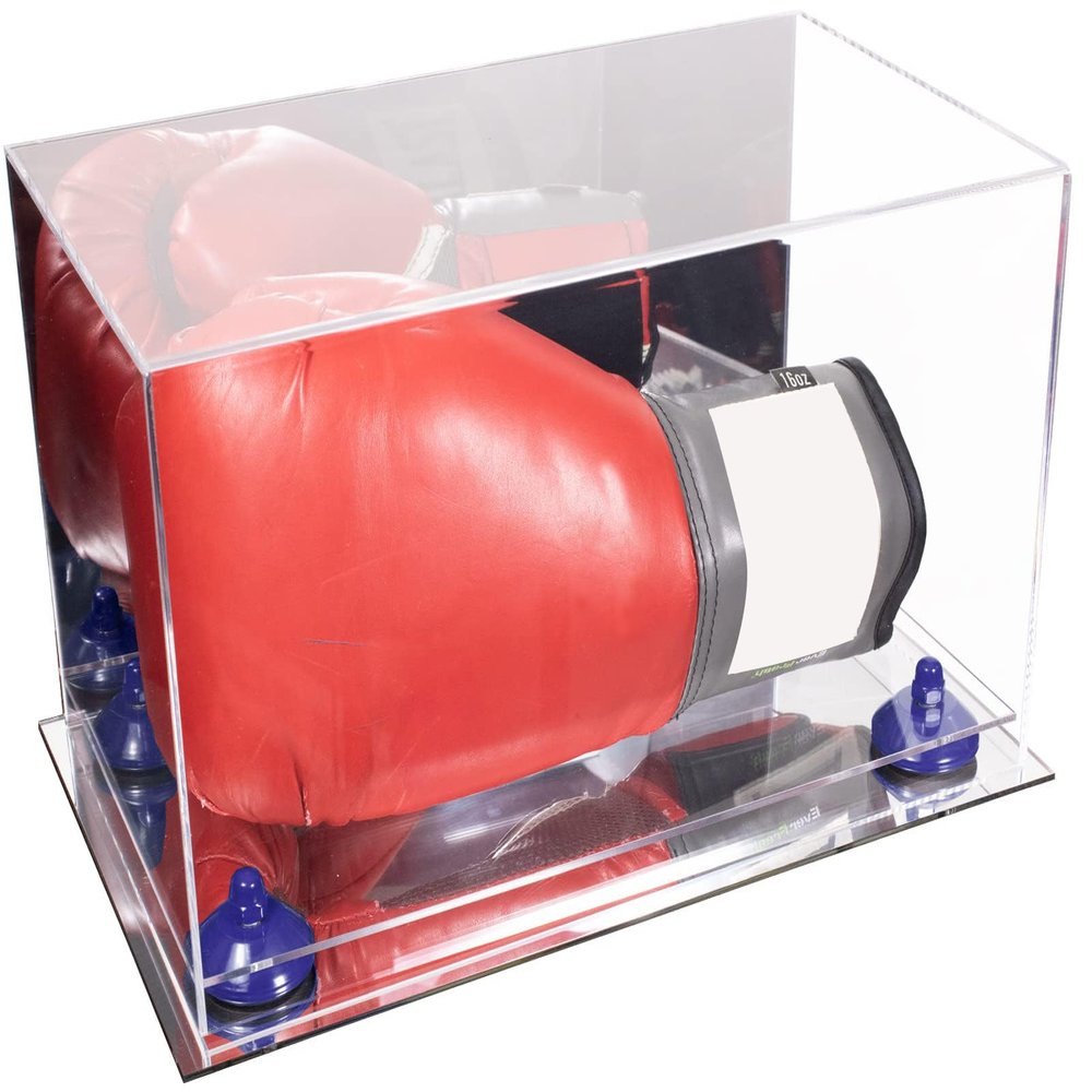 Better Display Cases Acrylic Boxing Glove Display Case with Mirror Case, Navy Blue Risers and Mirror Base (A011/V16)