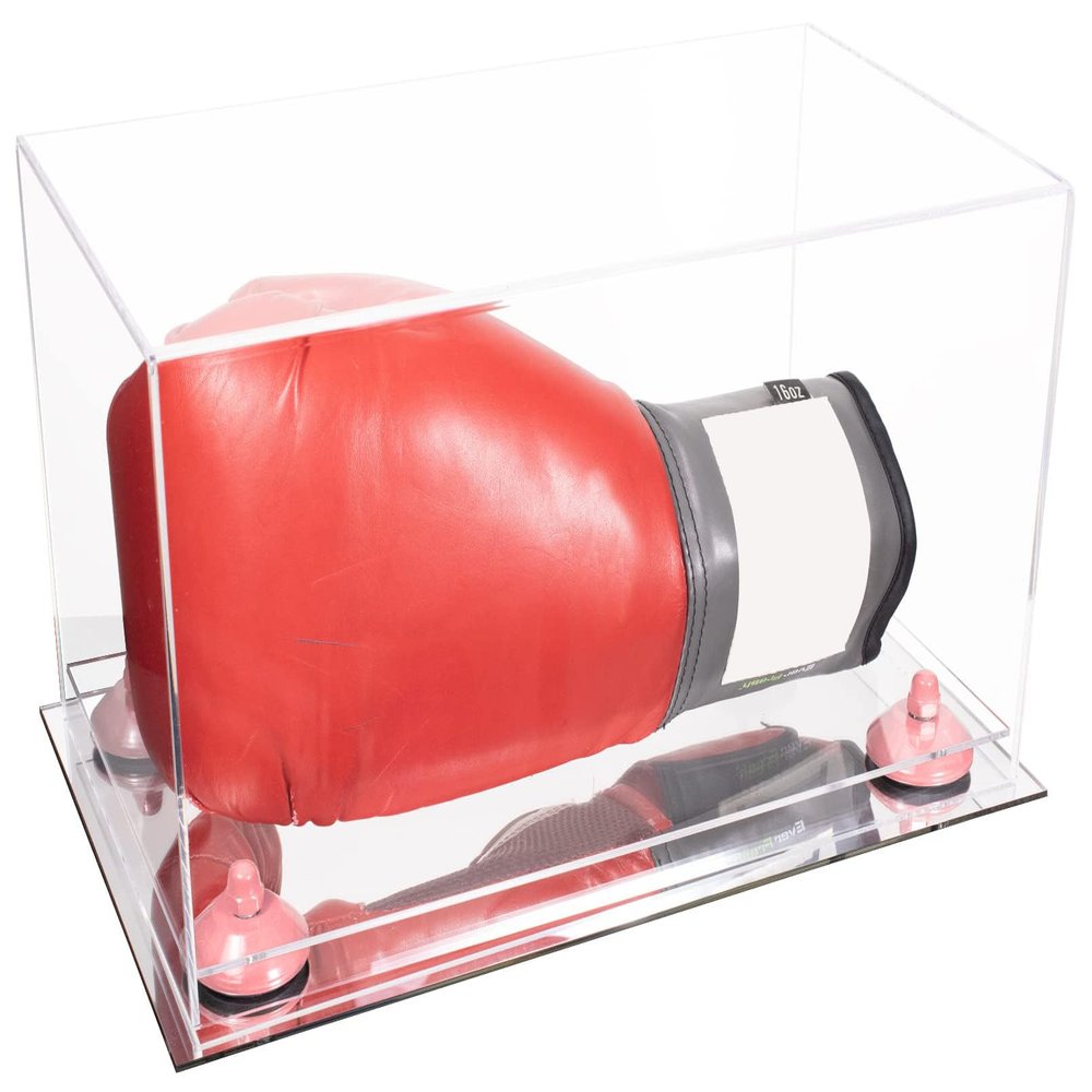 Better Display Cases Clear Acrylic Boxing Glove Display Case with Pink Risers and Mirror Base (A011/V16)