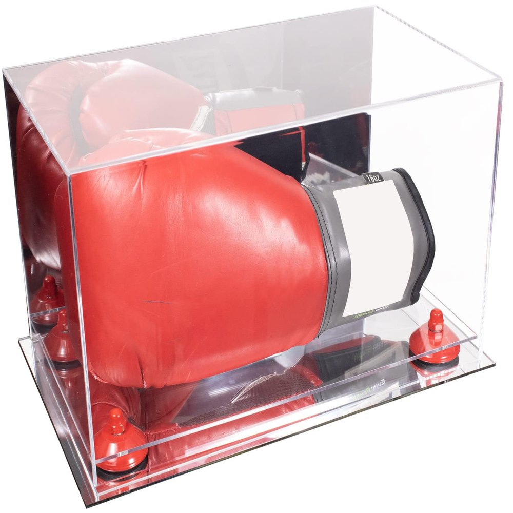 Better Display Cases Acrylic Boxing Glove Display Case with Mirror Case, Red Risers and Mirror Base (A011/V16)