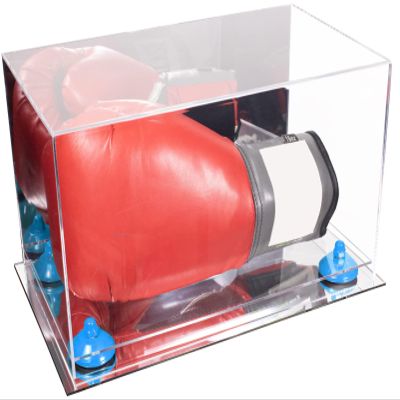 Better Display Cases Acrylic Boxing Glove Display Case with Mirror Case, Light Blue Risers and Mirror Base (A011/V16)