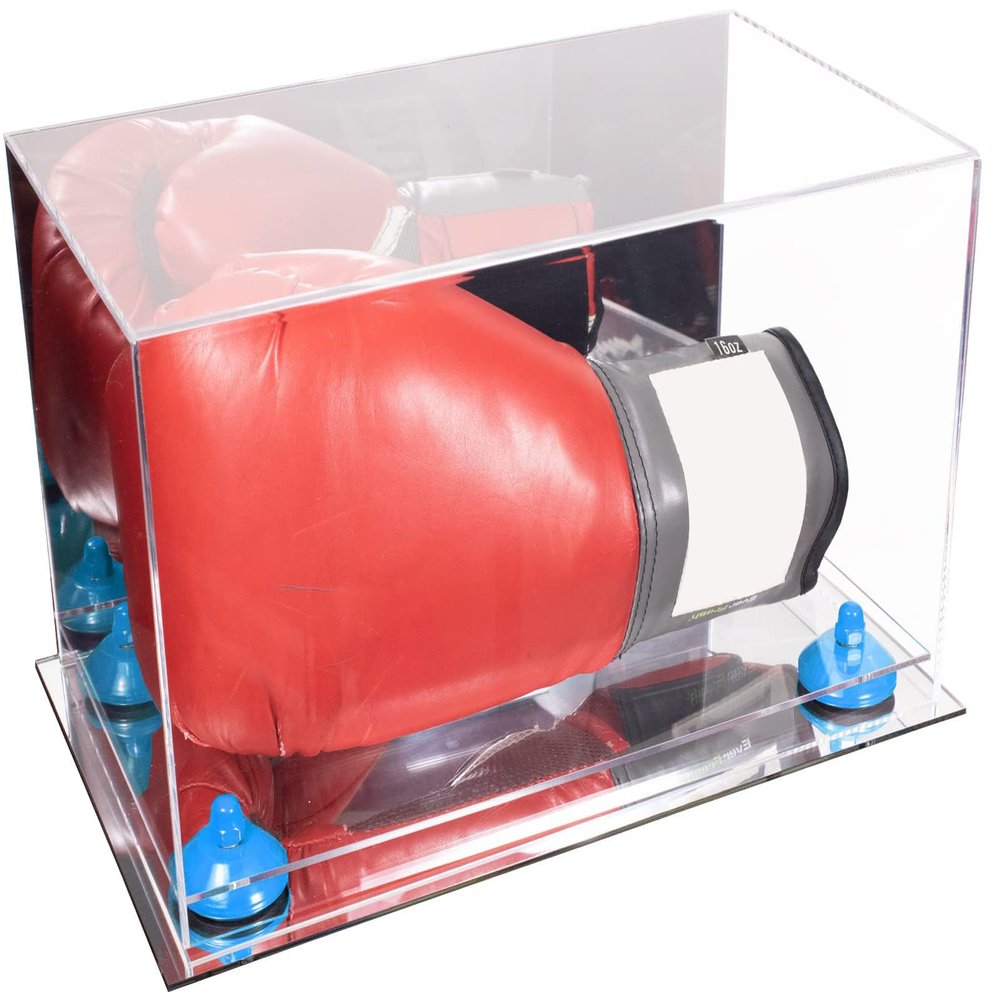 Better Display Cases Acrylic Boxing Glove Display Case with Mirror Case, Light Blue Risers and Mirror Base (A011/V16)