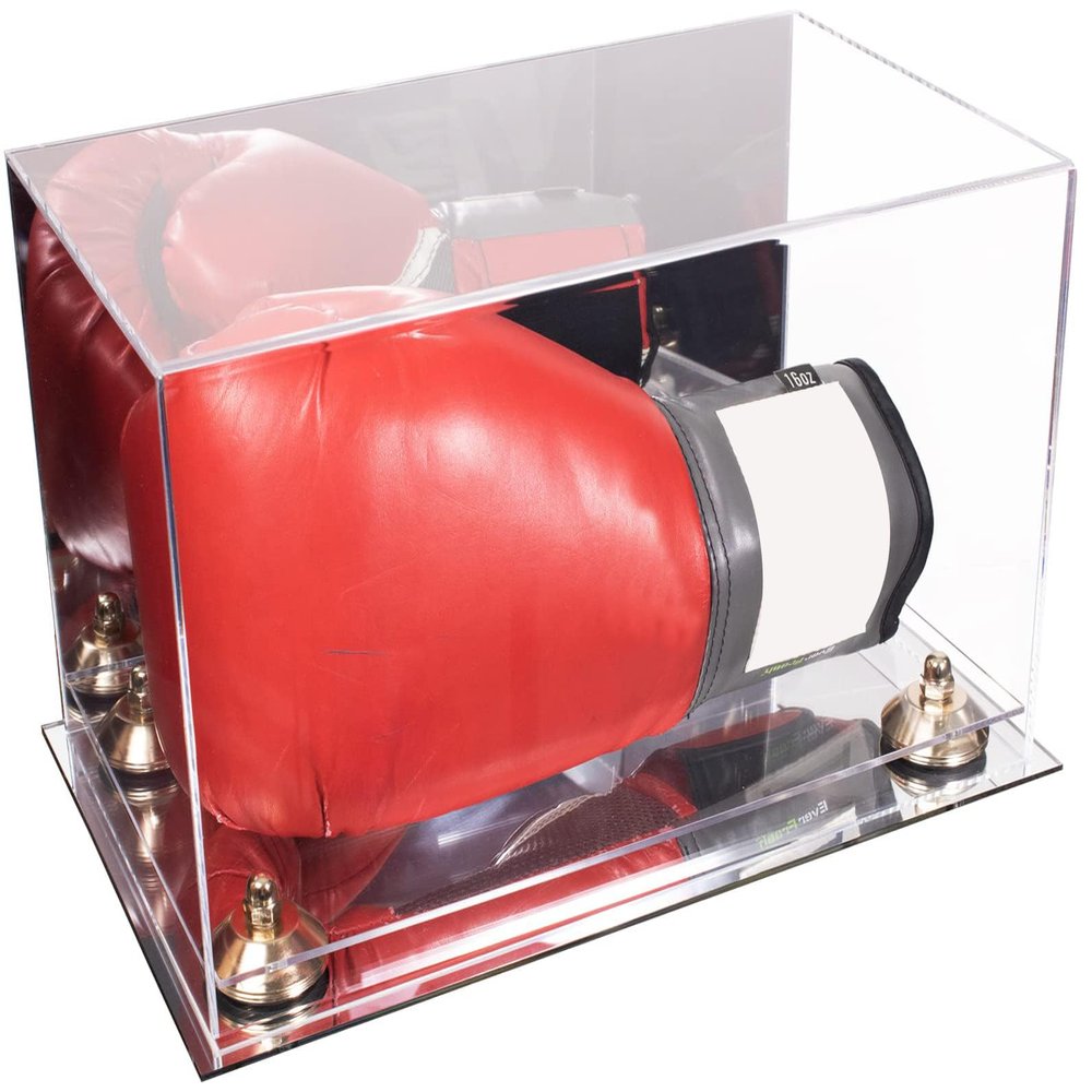Better Display Cases Acrylic Boxing Glove Display Case with Mirror Case, Gold Risers and Mirror Base (A011/V16)