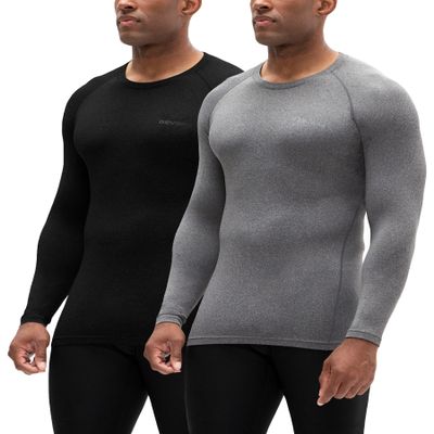 DEVOPS 2 Pack Men's Thermal Long Sleeve Compression Shirts (Medium, Black/Heather Charcoal)