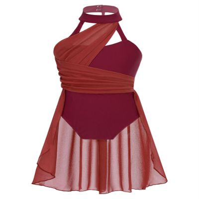 Daenrui Kids Girls Halter Neck Cutout Back Ballet Lyrical Dance Dress Latin Jazz Skating Costume Leotard Skirt Burgundy 10 Years