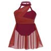 Daenrui Kids Girls Halter Neck Cutout Back Ballet Lyrical Dance Dress Latin Jazz Skating Costume Leotard Skirt Burgundy 10 Years view 1