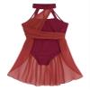 Daenrui Kids Girls Halter Neck Cutout Back Ballet Lyrical Dance Dress Latin Jazz Skating Costume Leotard Skirt Burgundy 10 Years view 3
