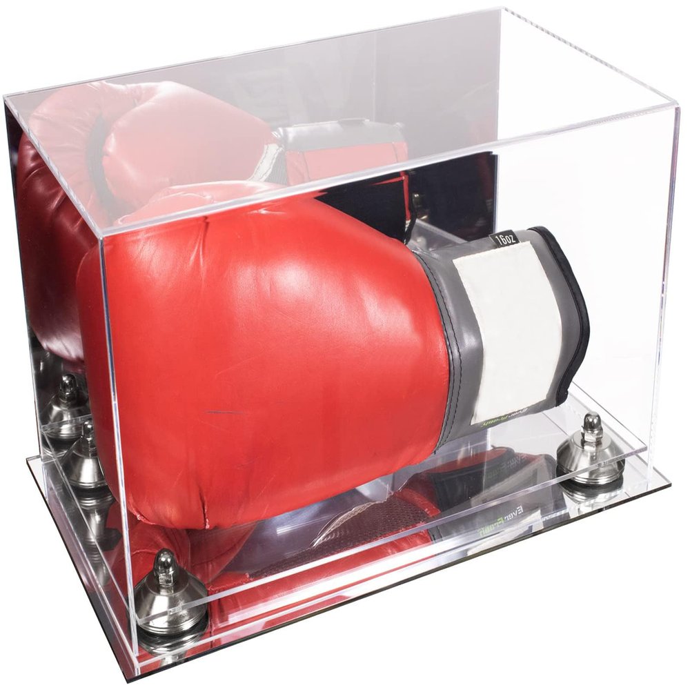 Better Display Cases Acrylic Boxing Glove Display Case with Mirror Case, Silver Risers and Mirror Base (A011/V16)