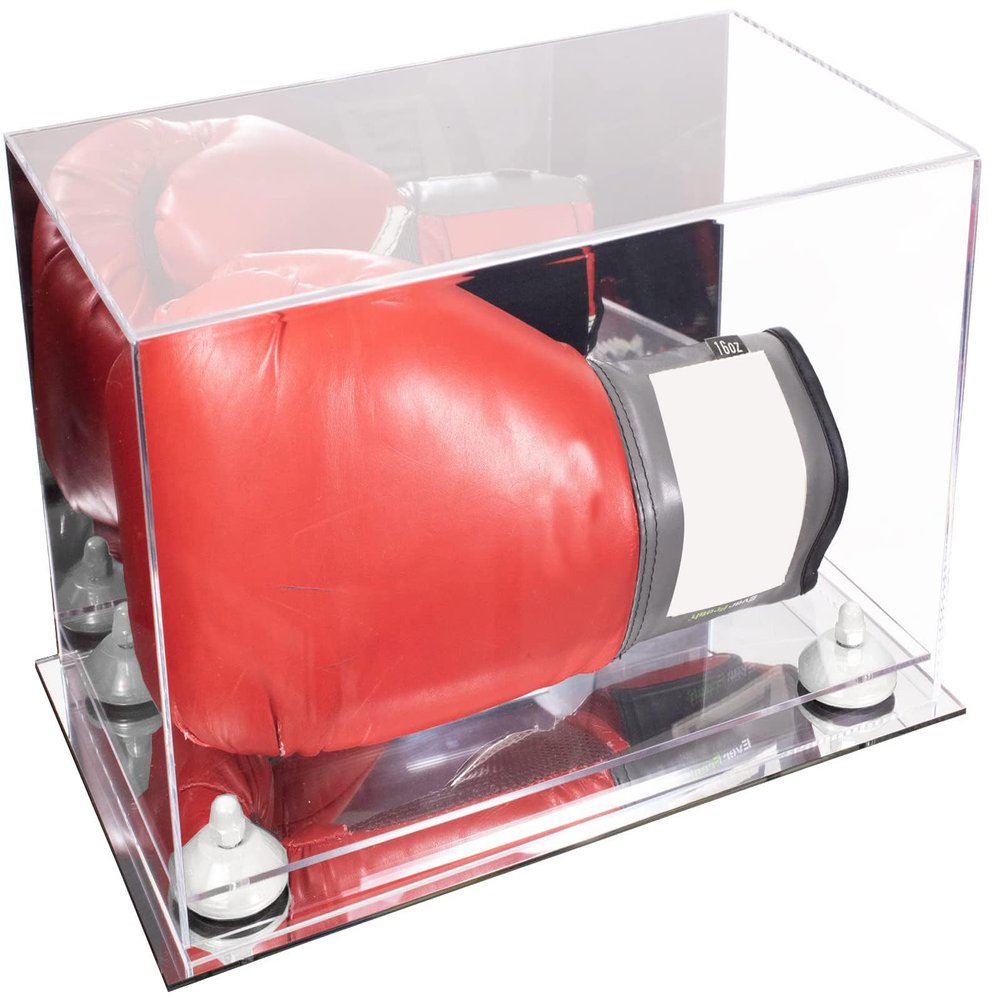 Better Display Cases Acrylic Boxing Glove Display Case with Mirror Case, White Risers and Mirror Base (A011/V16)