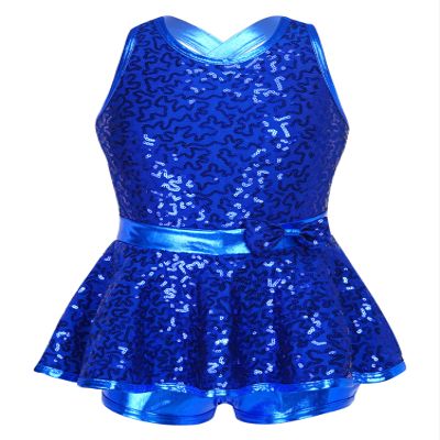 Aislor Kids Girls Sequined Cross Back Waist Bowknot Jazz Hip Hop Modern Dance Dresses Leotards for Stage Performance Royal Blue a 12 Years
