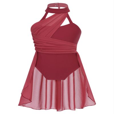 easyforever Kids Girls Basic Shiny Sequin Lyrical Skating Modern Dance Leotard Dress Halter Backless Tutu Skirt Costume Burgundy a 6 Years