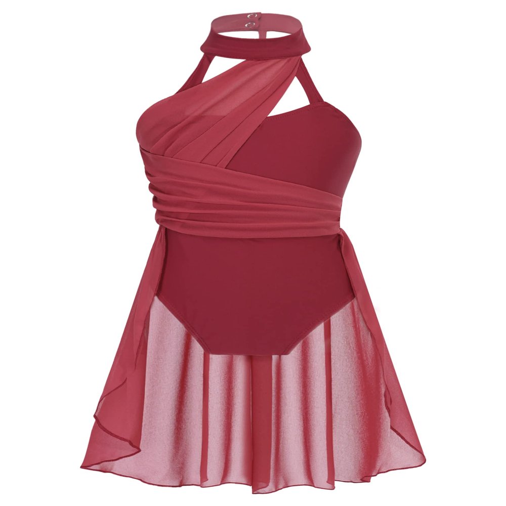 easyforever Kids Girls Basic Shiny Sequin Lyrical Skating Modern Dance Leotard Dress Halter Backless Tutu Skirt Costume Burgundy a 6 Years