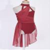 easyforever Kids Girls Basic Shiny Sequin Lyrical Skating Modern Dance Leotard Dress Halter Backless Tutu Skirt Costume Burgundy a 6 Years view 4