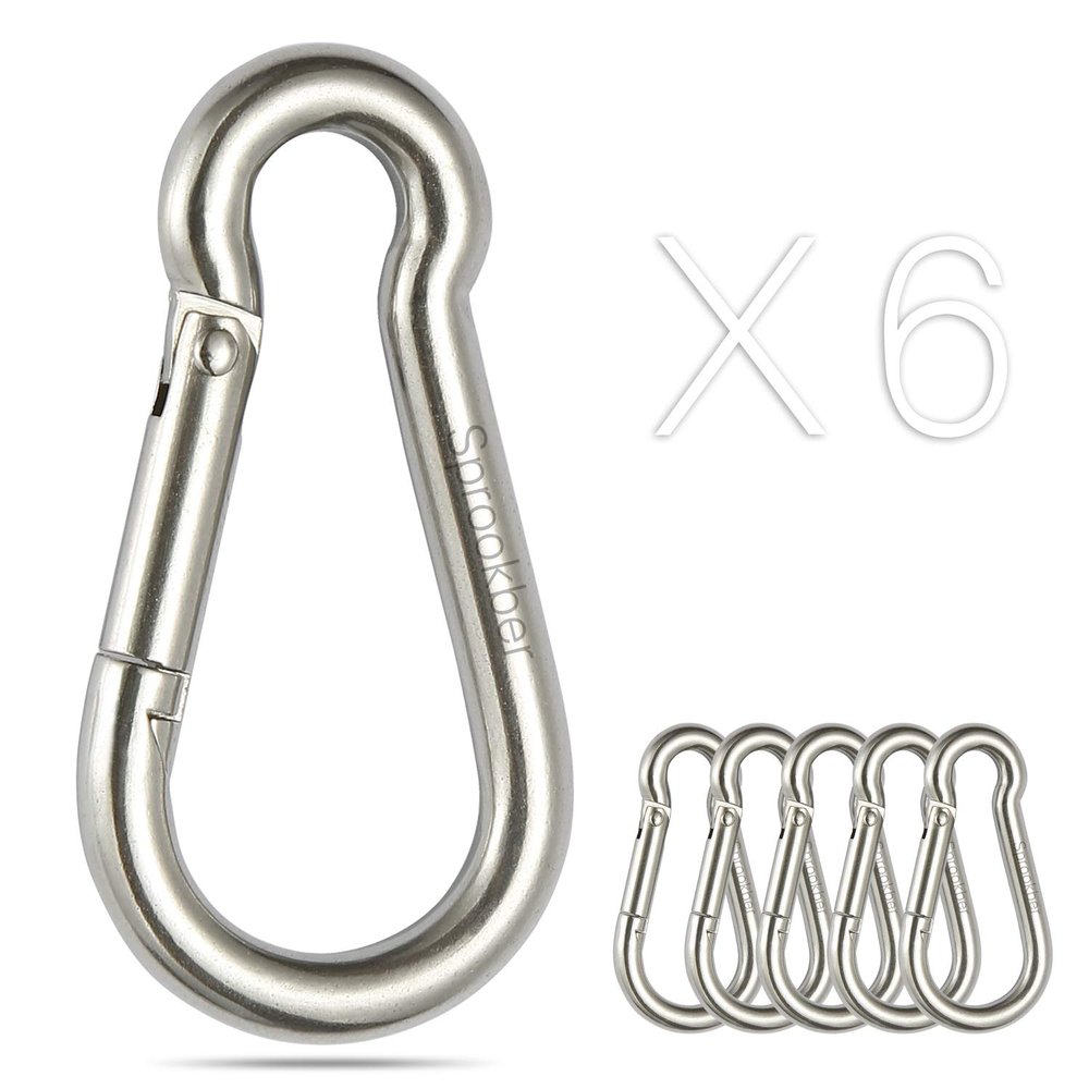 sprookber Stainless Steel Spring Snap Hook Carabiner - 304 Stainless Steel Caribeener Clips, Set of 6 (4.7 Inch)