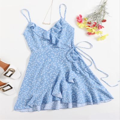 FDSUFDY Summer Dresses for Women 2022 Allover Heart Print Ruffle Detail Wrap Cami Dress Dresses for Women (Color : Baby Blue, Size : Small)