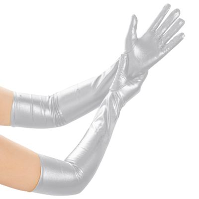 Lystaii Long Shiny Metallic Spandex Glove Elbow Length Opera Gloves 20s Party Cosplay (Silver)