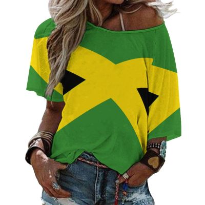 Elegant Casual Jamaican Flag Mid Sleeve Straight Neck T-Shirt for Women Girl's Summer Sun Beach XL