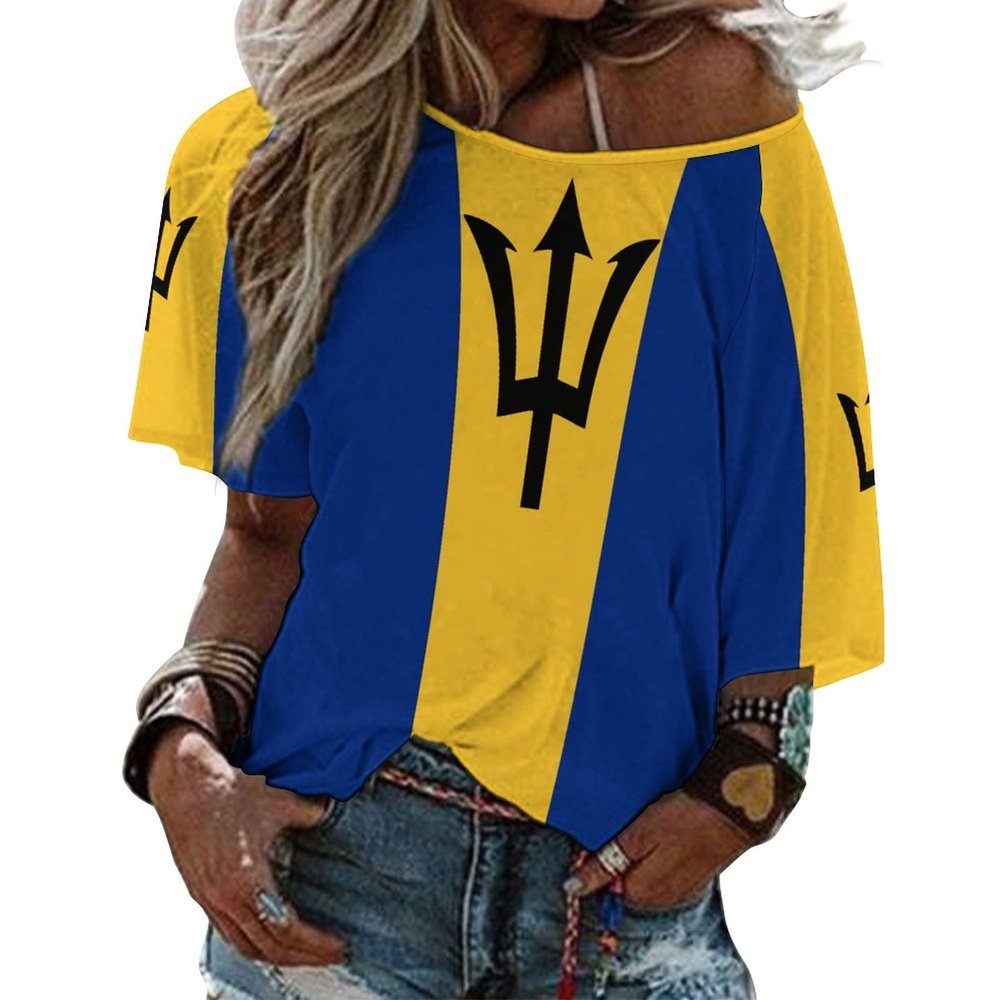 Elegant Casual Barbados Flag Mid Sleeve Straight Neck T-Shirt for Women Girl's Summer Sun Beach M