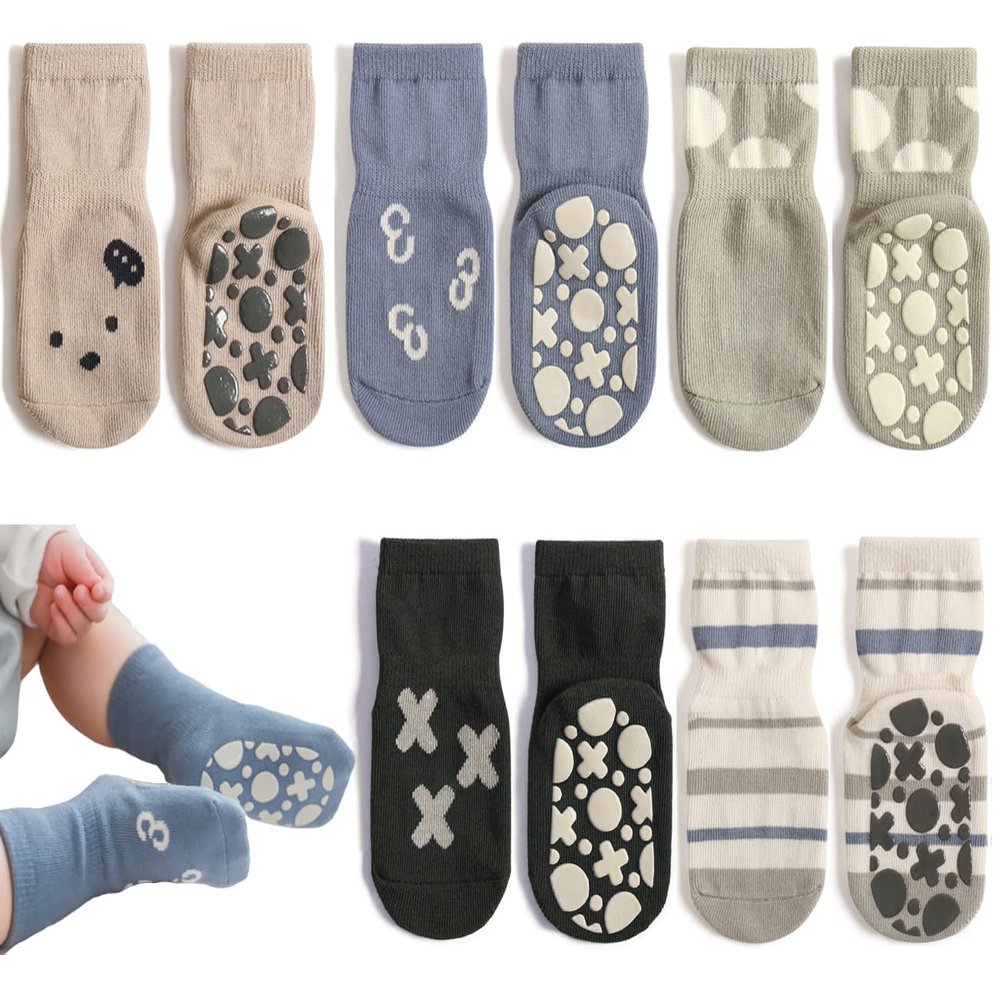 Exegawe Toddler Non Slip Socks, Cute Baby Socks with Grips Crew Socks 5 Pairs(C-5 Mix Colors,M)