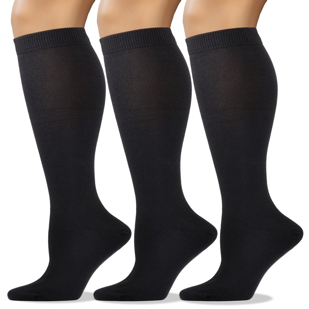 COTTON DAY Women's Soft Combed Cotton Knee High Long Calf Dress Socks Seamless Toe Shoe Size 9-11 Black