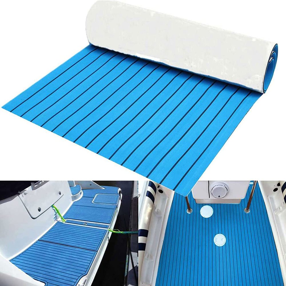 SaWaUto EVA Foam Teak Sheet Marine Flooring, 35.4"X94.5" Yacht Synthetic RV Swimming Pool Boat Decking Self-Adhesive Pad (Blue with Black Stripes)