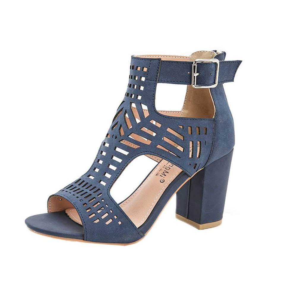 HINDOLA Women's Sandals Summer Block Heels Buckle up Sandal Women Cut Out Peep Toe Zipper Block Heel High Heel