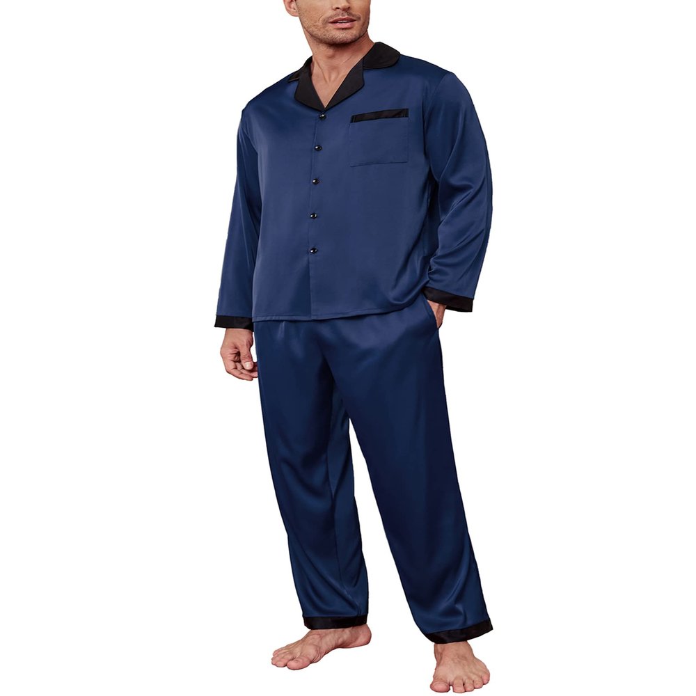 Ekouaer Men's Silk Pajama Set Long Satin Loungewear 2 Piece Pjs Classic Button Down Sleepwear Navy Blue