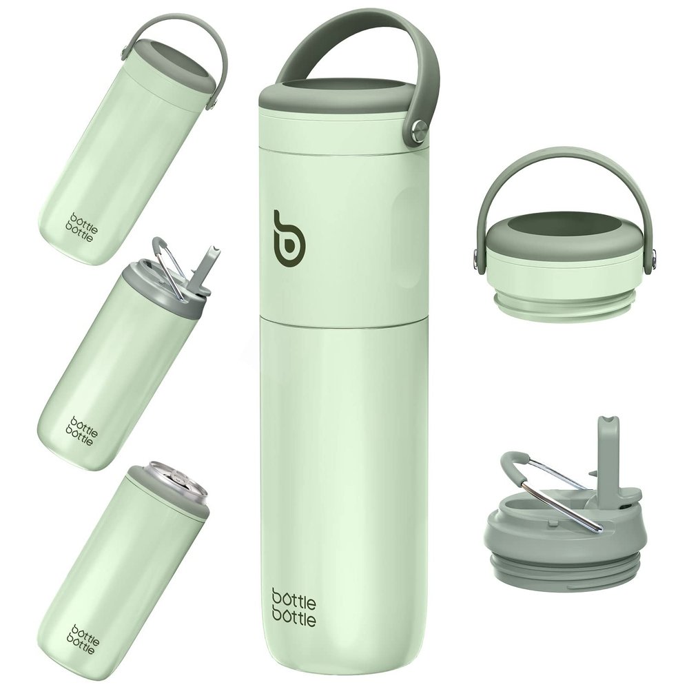 BOTTLE BOTTLE Insulated Water Bottle for Sports with Straw,2 lids,18 oz 3IN1 Water Bottles for Slim Can Coolers and Kids Tumbler, Stainless Steel Metal Bottles for Outdoor Activities(Green)