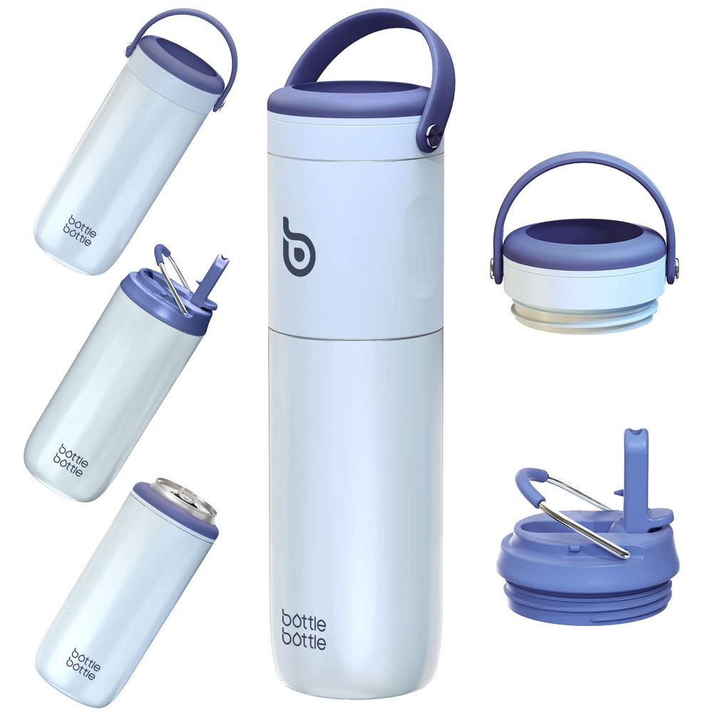 BOTTLE BOTTLE Insulated Water Bottle for Sports with Straw,2 lids,18 oz 3IN1 Water Bottles for Slim Can Coolers and Kids Tumbler, Stainless Steel Metal Bottles for Outdoor Activities(Blue)