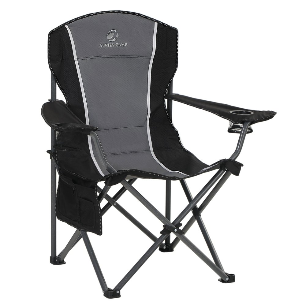 LET'S CAMP Oversized Outdoor Folding Camping Chair, Heavy Duty Arm Chair with Cup Holder and Storage Bag, 350 LBS Weight Capacity, Grey
