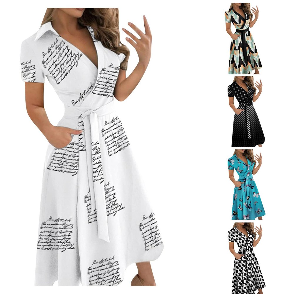 Wrap Dress for Women Fashion Short Sleeve V Neck Midi Dresses Printed A-Line Dress with Belt