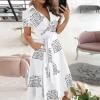 Wrap Dress for Women Fashion Short Sleeve V Neck Midi Dresses Printed A-Line Dress with Belt view 3