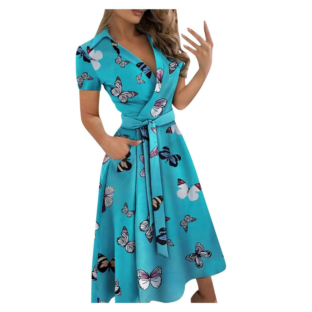Wrap Dress for Women Fashion Short Sleeve V Neck Midi Dresses Printed A-Line Dress with Belt