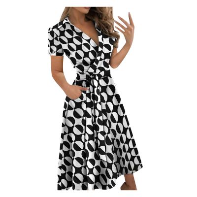 Wrap Dress for Women Fashion Short Sleeve V Neck Midi Dresses Printed A-Line Dress with Belt