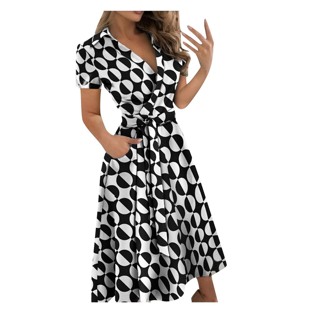 Wrap Dress for Women Fashion Short Sleeve V Neck Midi Dresses Printed A-Line Dress with Belt