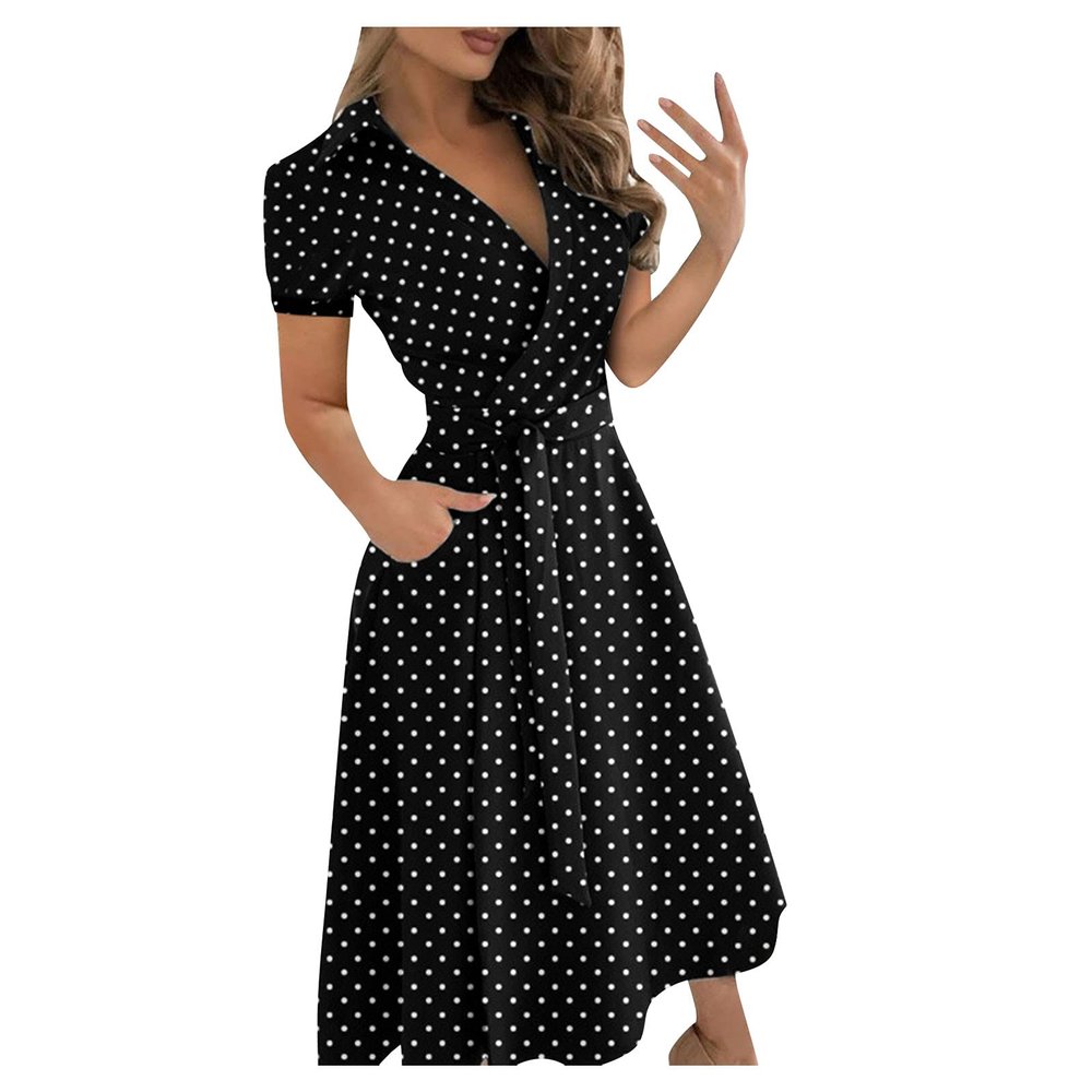 Wrap Dress for Women Fashion Short Sleeve V Neck Midi Dresses Printed A-Line Dress with Belt