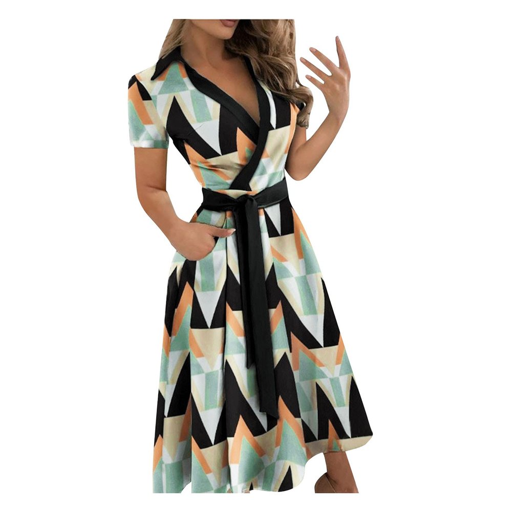 Wrap Dress for Women Fashion Short Sleeve V Neck Midi Dresses Printed A-Line Dress with Belt