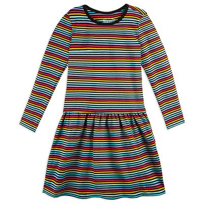 Mightly Girls' Long Sleeve Tiered Dress with Pockets | 95% Organic Cotton, Colorful Stylish Dress, Ideal for School, Birthday Parties & Play, for Toddlers & Kids, Fair Trade Certified, Jewel Stripe,3T