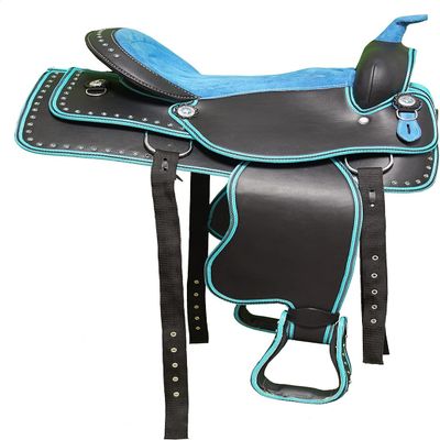 Daarkgreen Synthetic Western Barrel Racing Saddle with Headstall Breast Collar and Reins 14" - 18" (15", Blue Crystal)