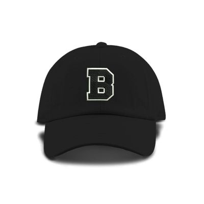 Monogram Letter or Number Baseball Cap Toddler, Youth Kids, and Adult Adjustable Black Hat with White and Black Thread (6-9 Youth Size, B)