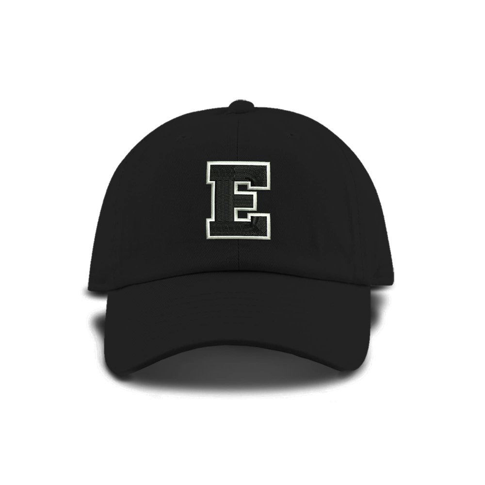 Monogram Letter or Number Baseball Cap Toddler, Youth Kids, and Adult Adjustable Black Hat with White and Black Thread (2-5 Toddler Size, E)
