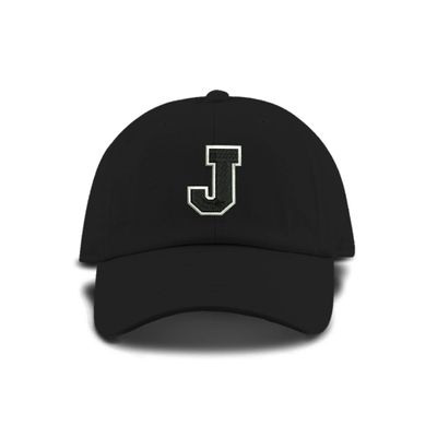 Monogram Letter or Number Baseball Cap Toddler, Youth Kids, and Adult Adjustable Black Hat with White and Black Thread (2-5 Toddler Size, J)