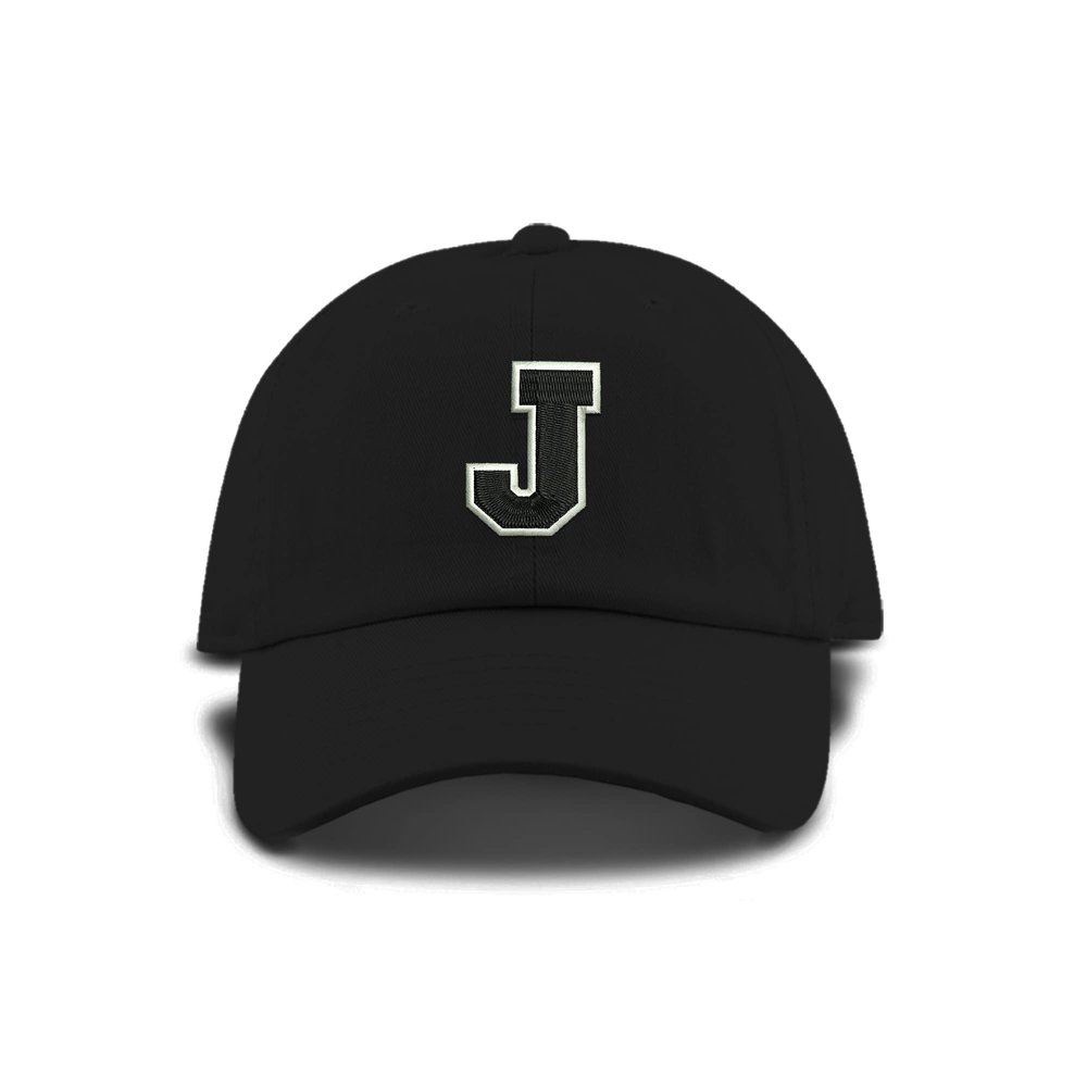 Monogram Letter or Number Baseball Cap Toddler, Youth Kids, and Adult Adjustable Black Hat with White and Black Thread (2-5 Toddler Size, J)